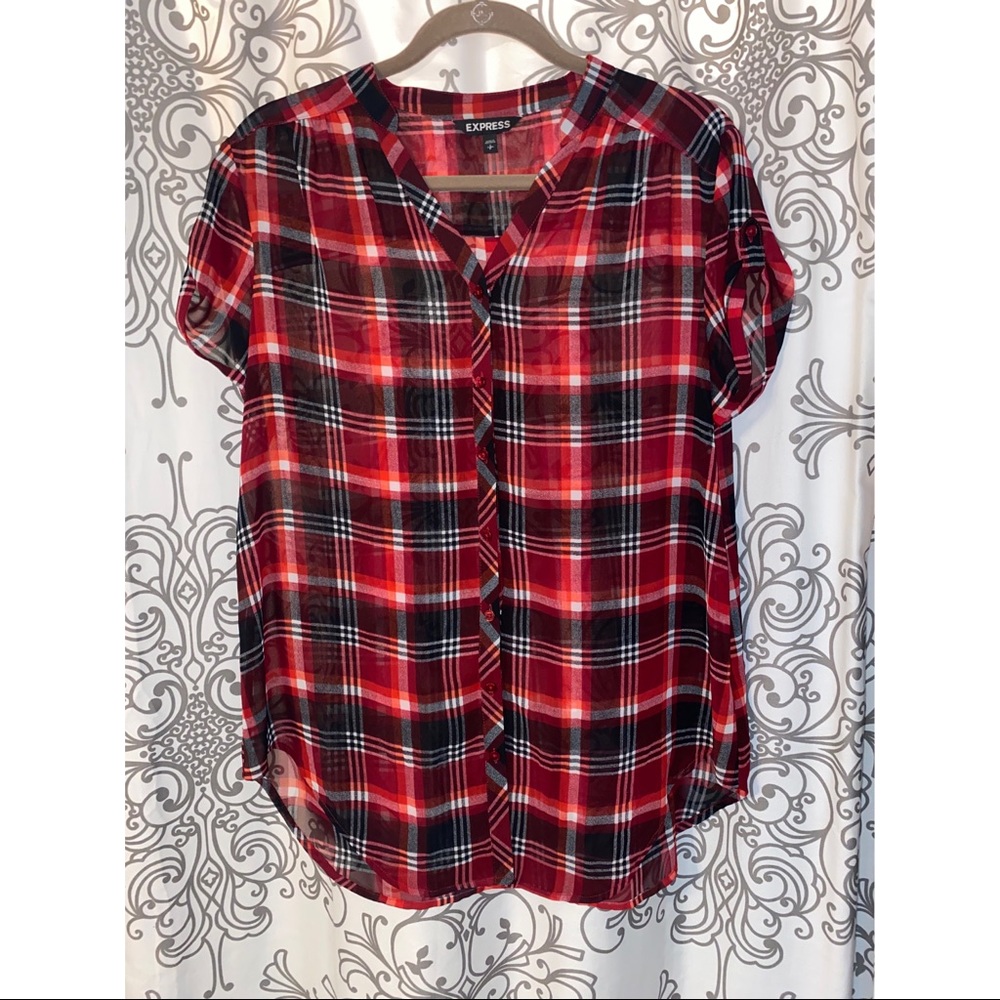 Express plaid button down sheer top